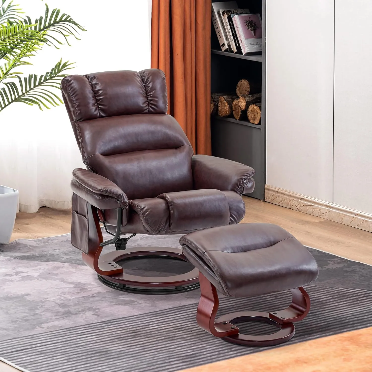 MCombo Swivel Recliners with Ottoman, Reclining TV Chairs with Vibration Massage, Faux Leather Ergonomic Lounge Chair for Living Room Bedroom 4832 (Dark Brown)