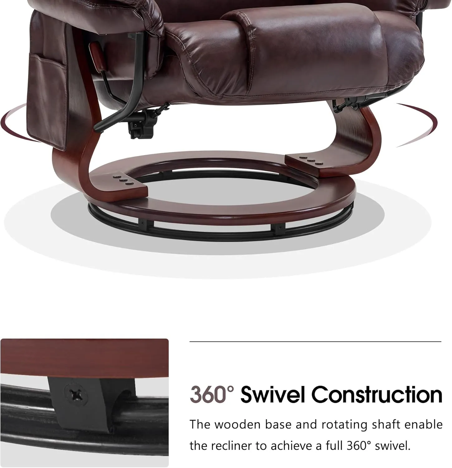 MCombo Swivel Recliners with Ottoman, Reclining TV Chairs with Vibration Massage, Faux Leather Ergonomic Lounge Chair for Living Room Bedroom 4832 (Dark Brown)