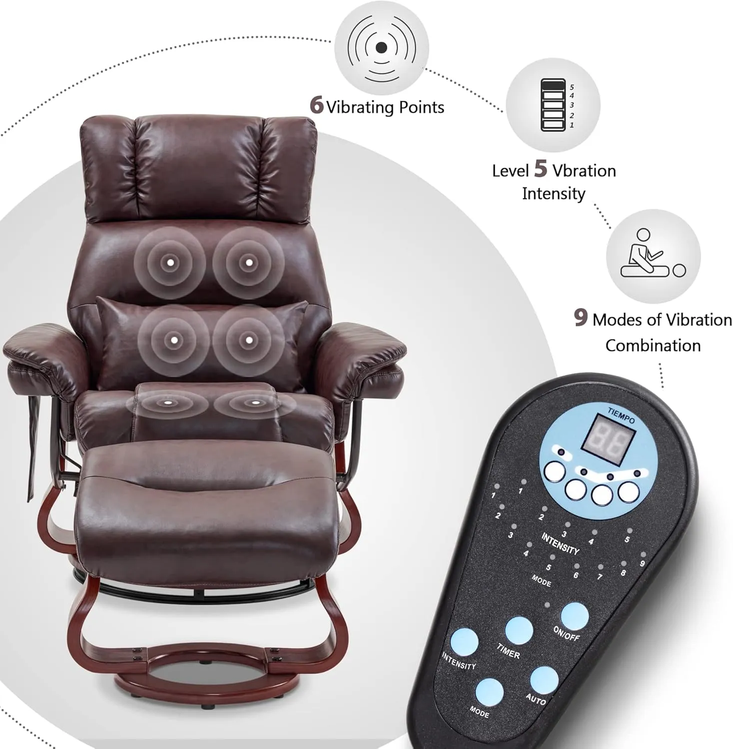 MCombo Swivel Recliners with Ottoman, Reclining TV Chairs with Vibration Massage, Faux Leather Ergonomic Lounge Chair for Living Room Bedroom 4832 (Dark Brown)