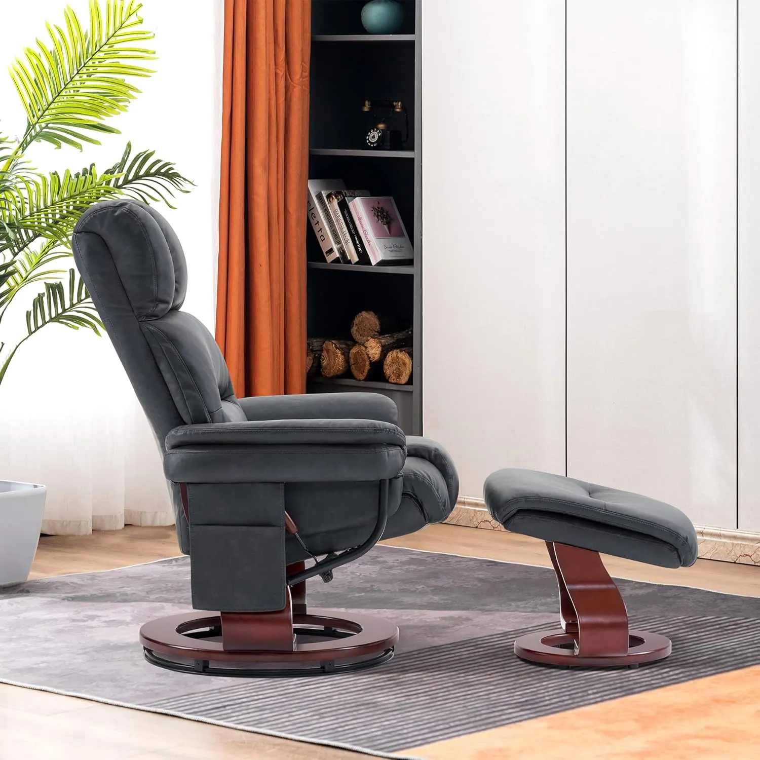 MCombo Swivel Recliners with Ottoman, Reclining TV Chairs with Vibration Massage, Faux Leather Ergonomic Lounge Chair for Living Room Bedroom 4832 (Dark Grey)