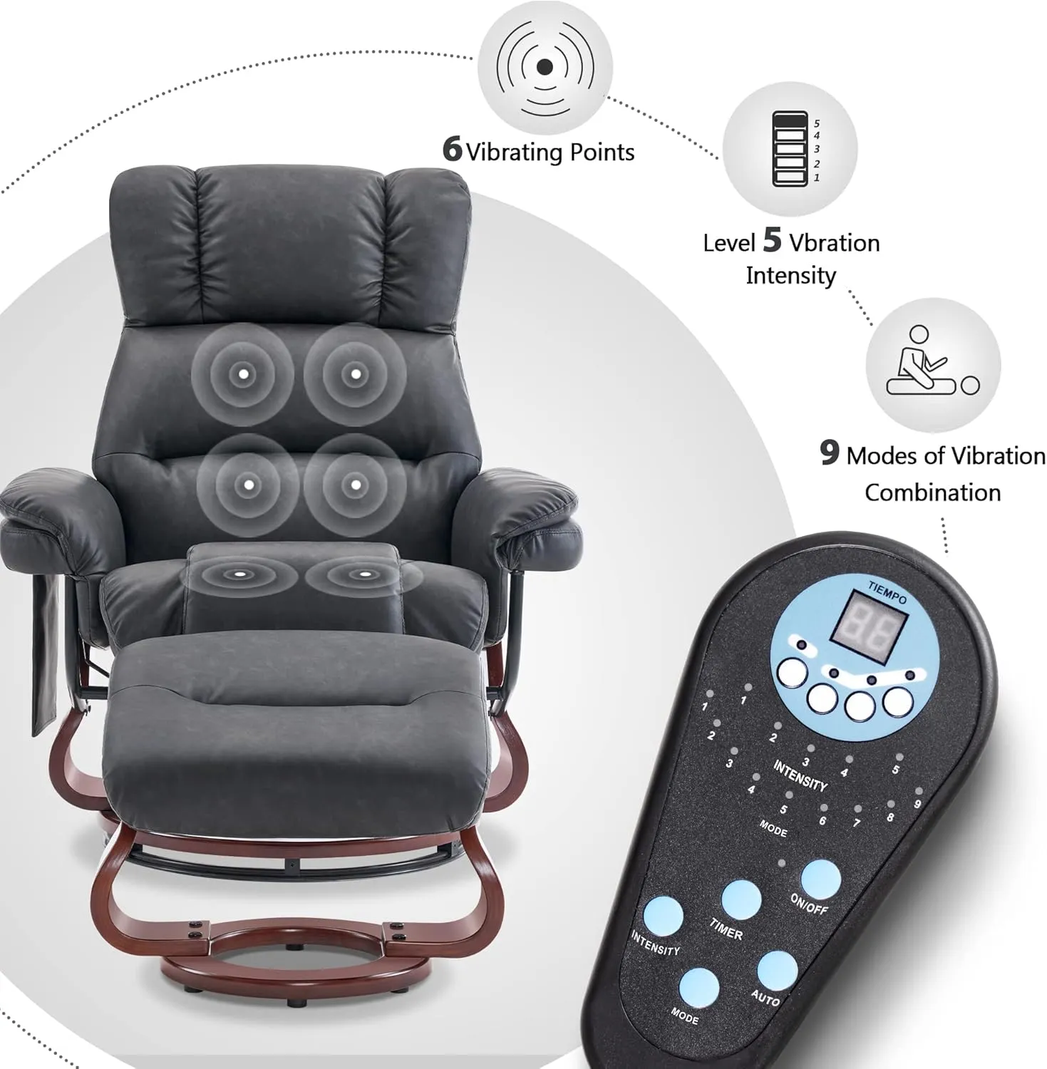 MCombo Swivel Recliners with Ottoman, Reclining TV Chairs with Vibration Massage, Faux Leather Ergonomic Lounge Chair for Living Room Bedroom 4832 (Dark Grey)