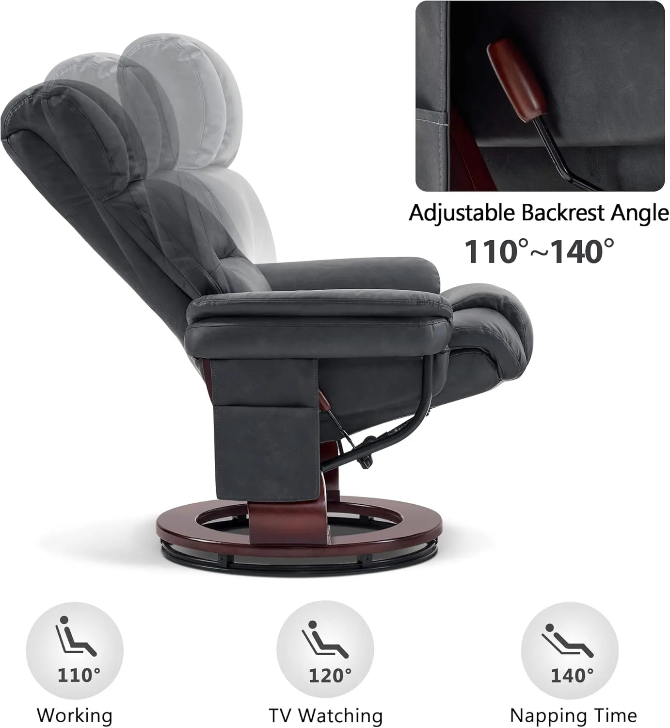MCombo Swivel Recliners with Ottoman, Reclining TV Chairs with Vibration Massage, Faux Leather Ergonomic Lounge Chair for Living Room Bedroom 4832 (Dark Grey)