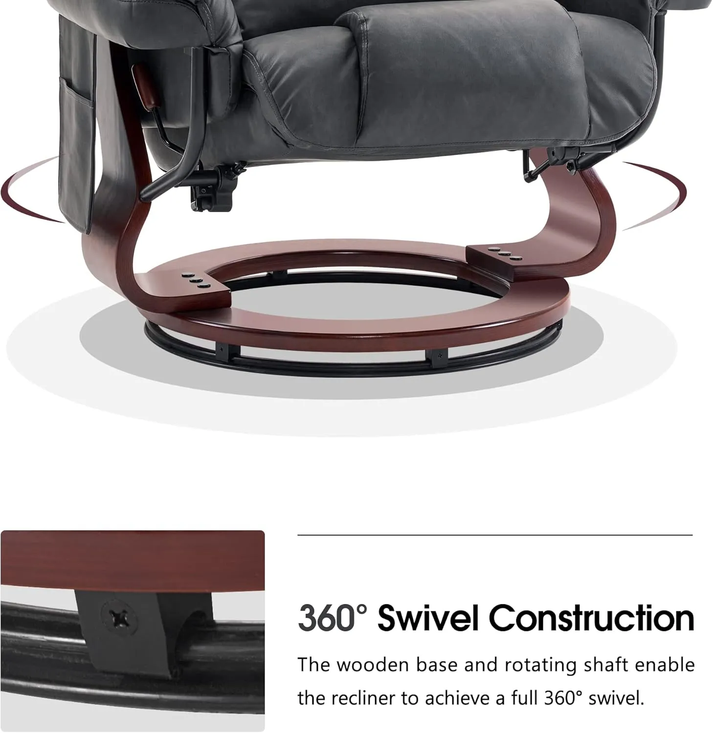 MCombo Swivel Recliners with Ottoman, Reclining TV Chairs with Vibration Massage, Faux Leather Ergonomic Lounge Chair for Living Room Bedroom 4832 (Dark Grey)