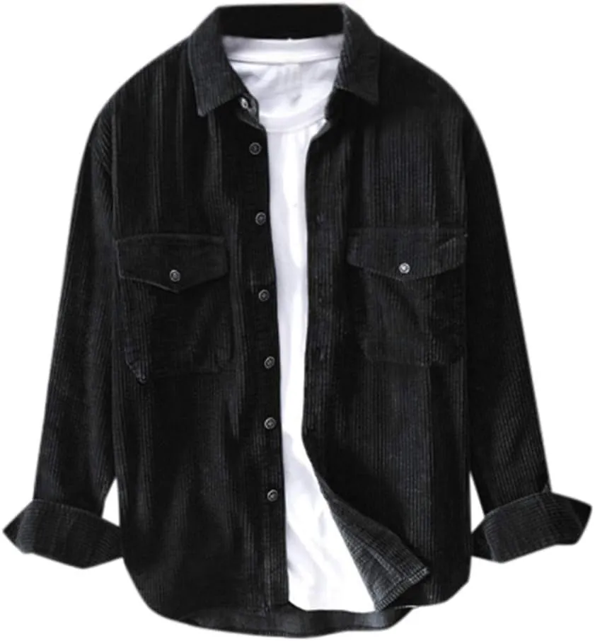 Men's Corduroy Long Sleeve Shirts Causal Button Down Collared Shirt Jackets Classic Fit Fall Winter Ribbed Sweaters
