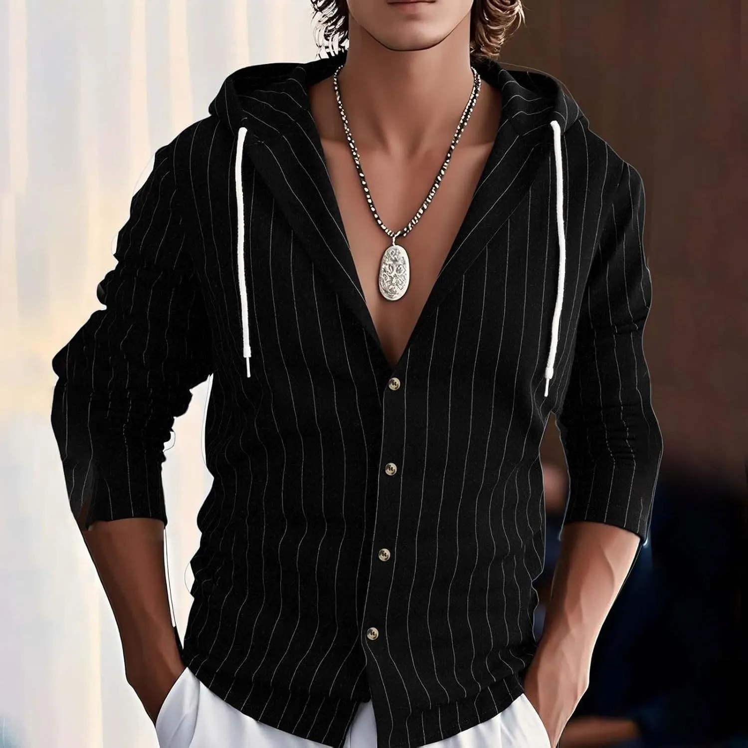Mens Cotton Linen Hoodies Striped Casual Long Sleeve V Neck Button Down Hooded Shirts Hawaiian Beach Yoga Sweatshirts