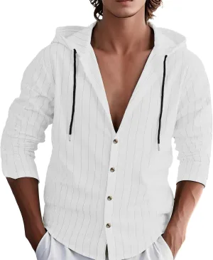 Mens Cotton Linen Hoodies Striped Casual Long Sleeve V Neck Button Down Hooded Shirts Hawaiian Beach Yoga Sweatshirts
