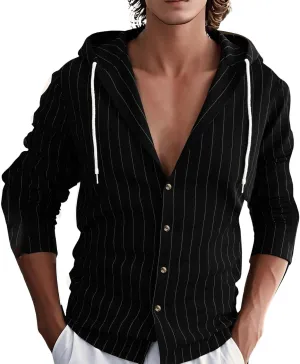 Mens Cotton Linen Hoodies Striped Casual Long Sleeve V Neck Button Down Hooded Shirts Hawaiian Beach Yoga Sweatshirts
