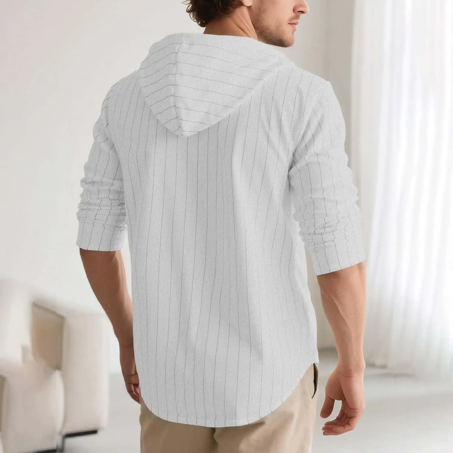 Mens Cotton Linen Hoodies Striped Casual Long Sleeve V Neck Button Down Hooded Shirts Hawaiian Beach Yoga Sweatshirts