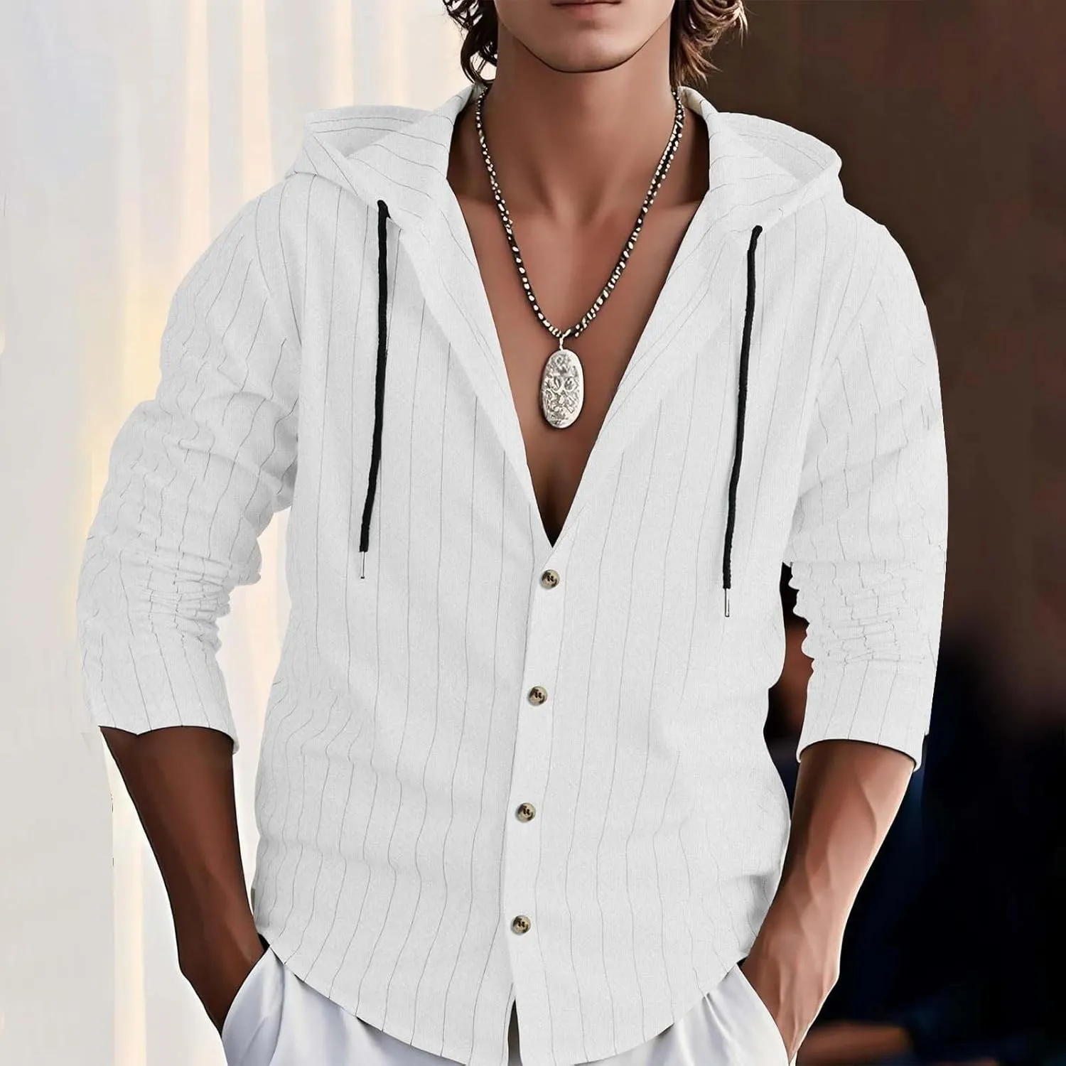 Mens Cotton Linen Hoodies Striped Casual Long Sleeve V Neck Button Down Hooded Shirts Hawaiian Beach Yoga Sweatshirts