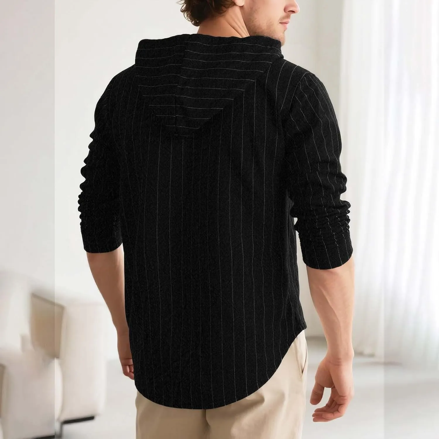 Mens Cotton Linen Hoodies Striped Casual Long Sleeve V Neck Button Down Hooded Shirts Hawaiian Beach Yoga Sweatshirts