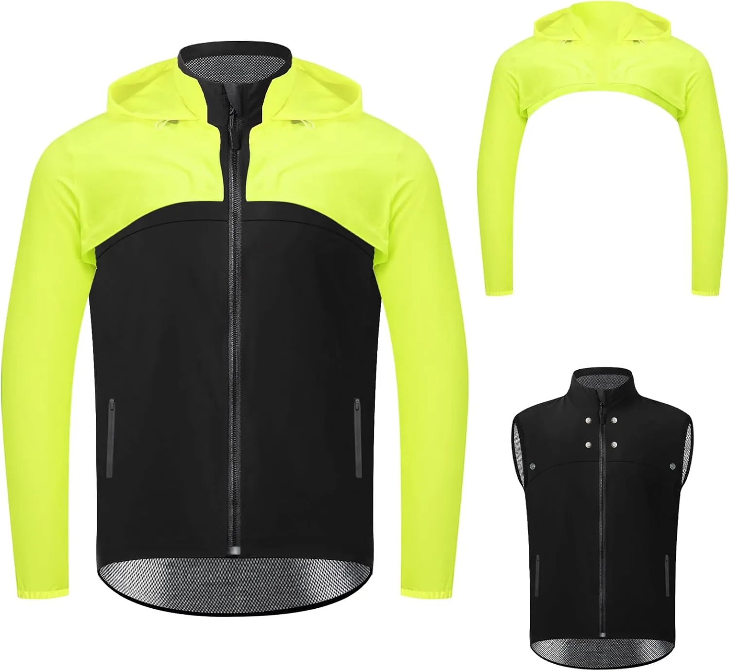 Men's Cycling Jacket Waterproof Windbreaker with Detachable Running Hiking Cycling Vest Packable Reflective