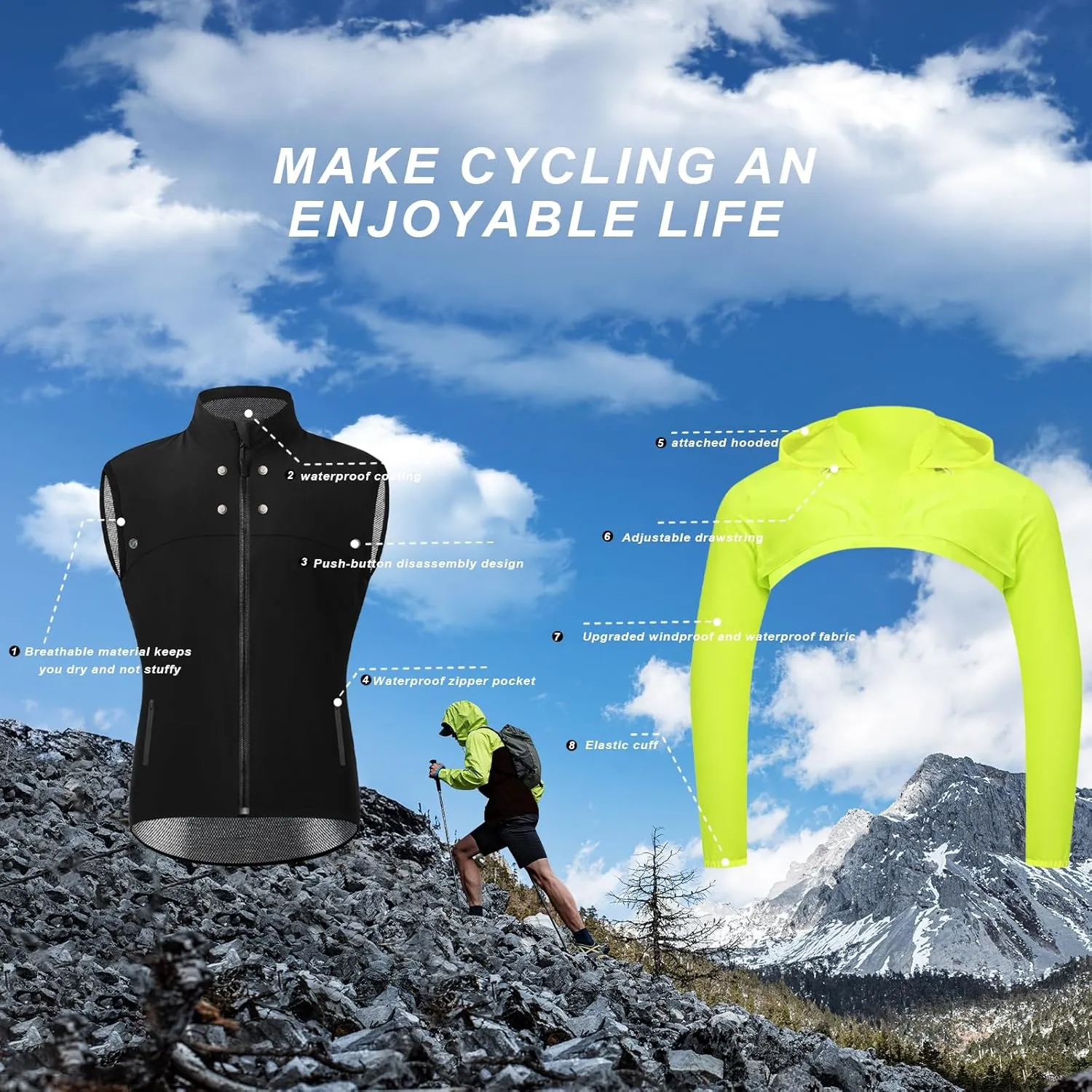 Men's Cycling Jacket Waterproof Windbreaker with Detachable Running Hiking Cycling Vest Packable Reflective