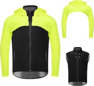 Men's Cycling Jacket Waterproof Windbreaker with Detachable Running Hiking Cycling Vest Packable Reflective