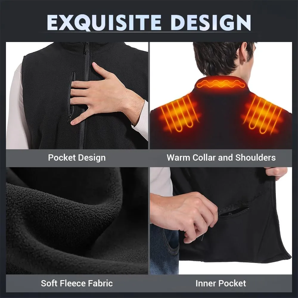 Men‘s Fleece Heated Vest with 8 Heating Pads 3 Temp Levels 3 Heating Zones Separate Control Rechargeable Battery Pack
