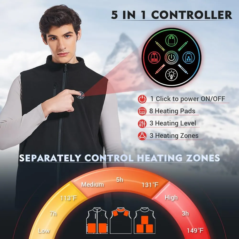 Men‘s Fleece Heated Vest with 8 Heating Pads 3 Temp Levels 3 Heating Zones Separate Control Rechargeable Battery Pack