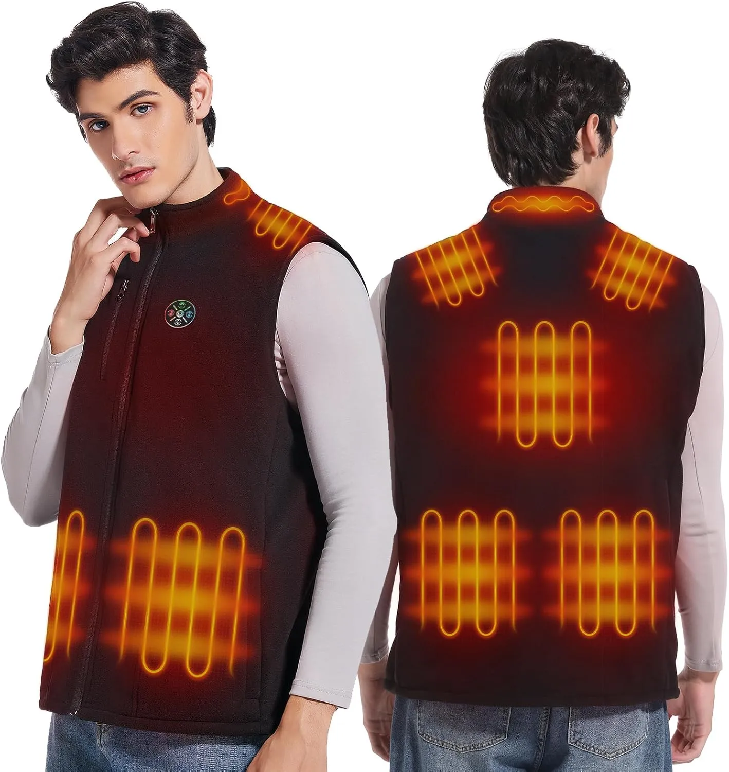 Men‘s Fleece Heated Vest with 8 Heating Pads 3 Temp Levels 3 Heating Zones Separate Control Rechargeable Battery Pack