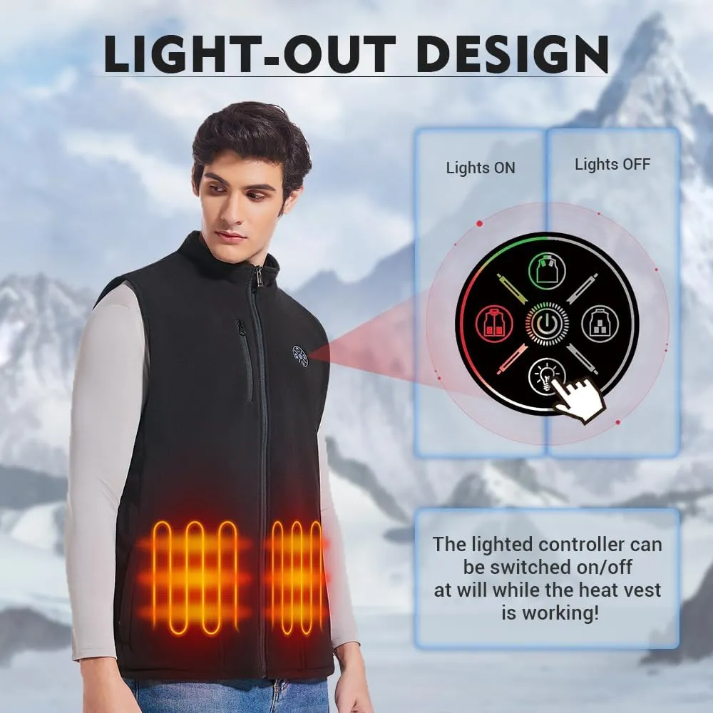 Men‘s Fleece Heated Vest with 8 Heating Pads 3 Temp Levels 3 Heating Zones Separate Control Rechargeable Battery Pack