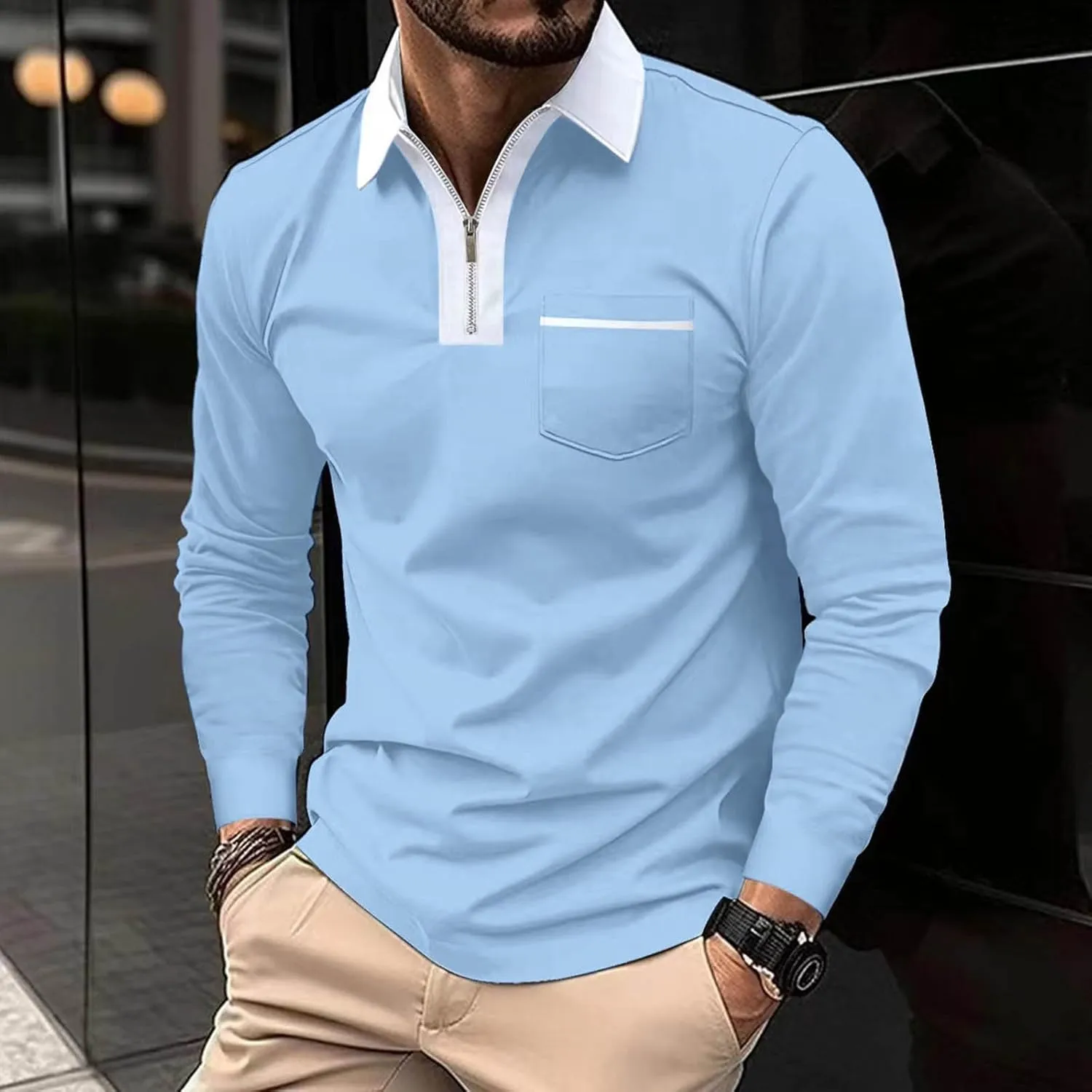 Mens Golf Polo Shirts Fall Color Block Zipper T-shirt Fashion Dressy Business Tops Quick Dry Comfy Tees with Pocket