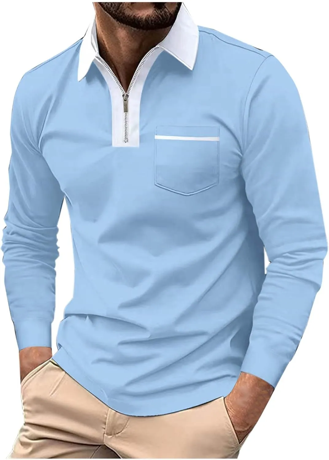Mens Golf Polo Shirts Fall Color Block Zipper T-shirt Fashion Dressy Business Tops Quick Dry Comfy Tees with Pocket