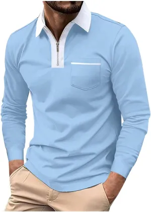 Mens Golf Polo Shirts Fall Color Block Zipper T-shirt Fashion Dressy Business Tops Quick Dry Comfy Tees with Pocket