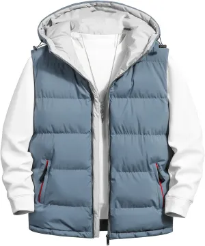 Men's Loose Fit Zipper Winter Tops Hooded Puffer Vest Coat