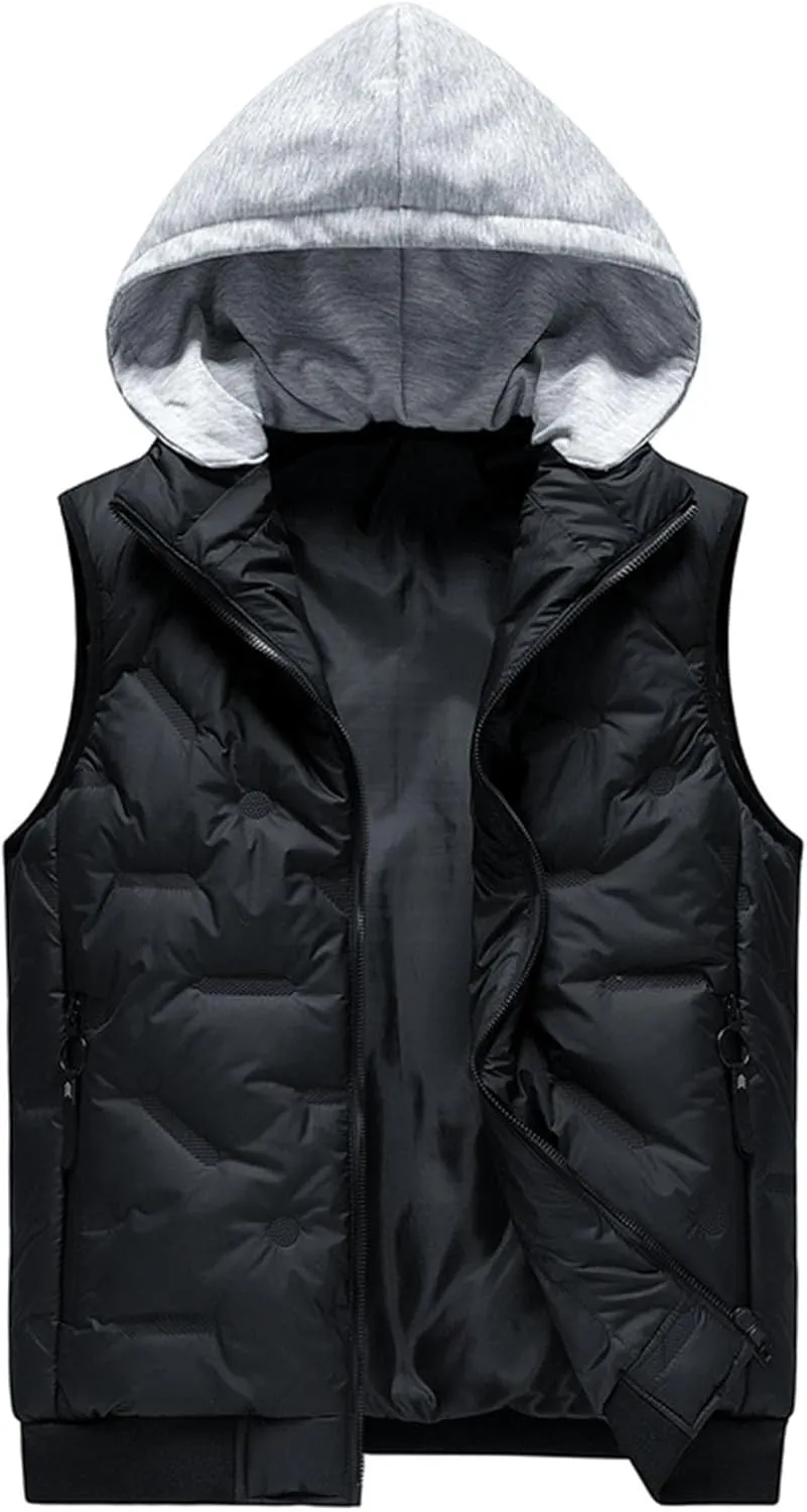 Men's Outdoor Casual Stand Collar Padded Vest Coat with Hood Sports Travel Waterproof Warm Winter Thicken Jacket