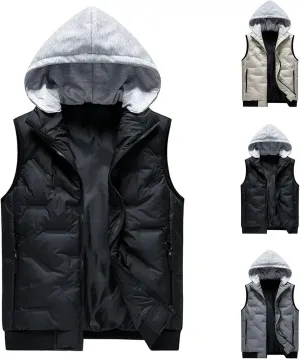 Men's Outdoor Casual Stand Collar Padded Vest Coat with Hood Sports Travel Waterproof Warm Winter Thicken Jacket