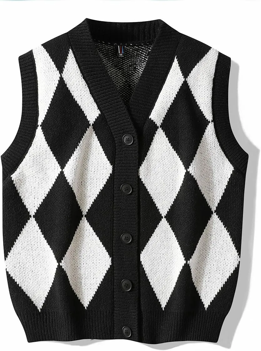 Men's Preppy Style Plaid Sweater Vest Classic Fit Sleeveless V-Neck Pullover Tank Tops