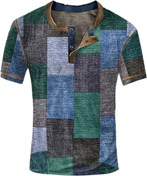 Mens Short Sleeve Henley Shirts Distressed Vintage Color Block Waffle Plaid T-Shirt Slim Fit Golf Polo Shirts for Men