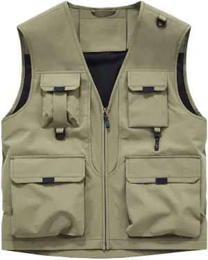 Mens Utility Casual Fishing Vests Multi Pockets Cargo Vest Travel Hunting Camping Outdoor Vest Tactical Outerwear