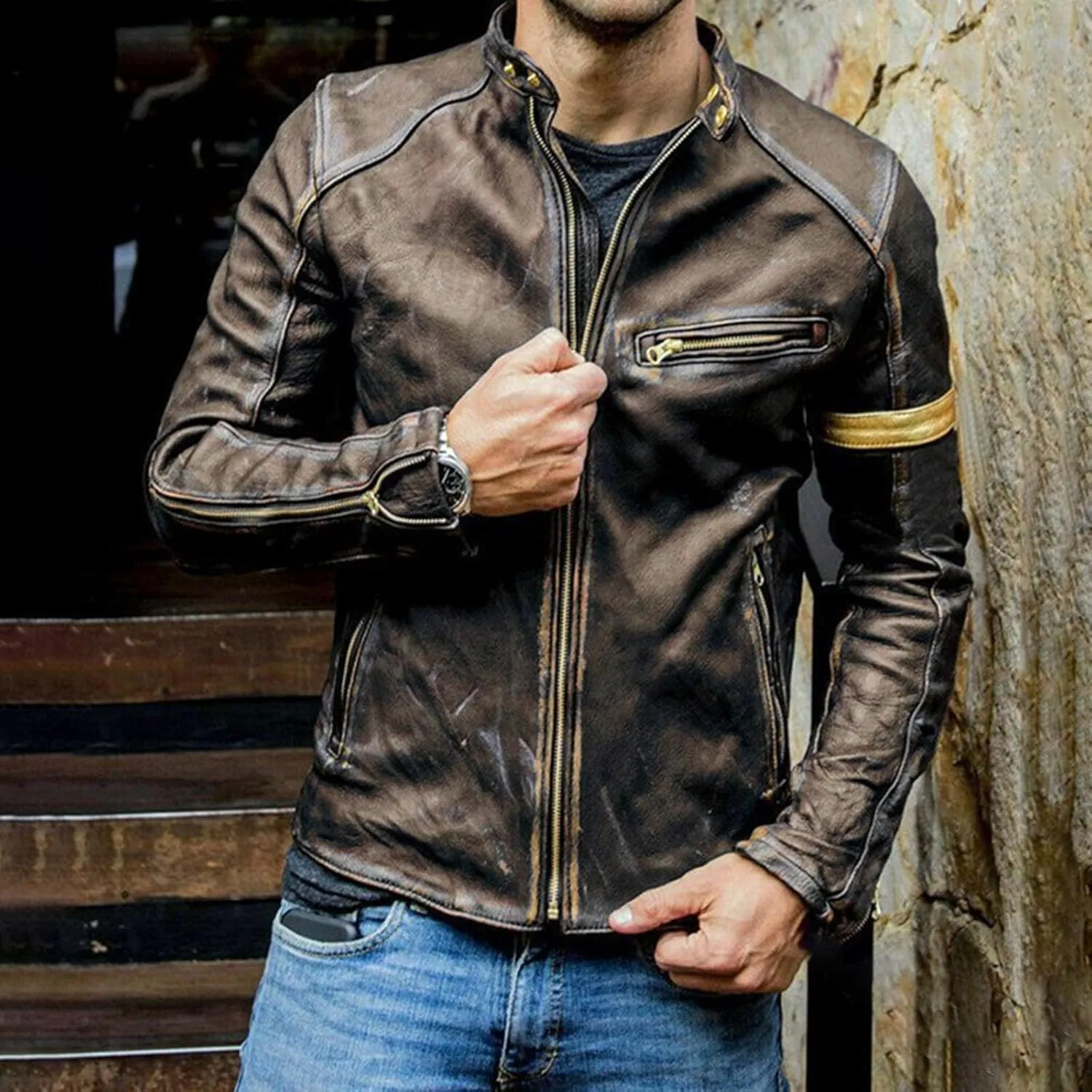 Mens Vintage Cafe Racer Distressed Biker Leather Jacket | Motorcycle Leather Jacket for Men