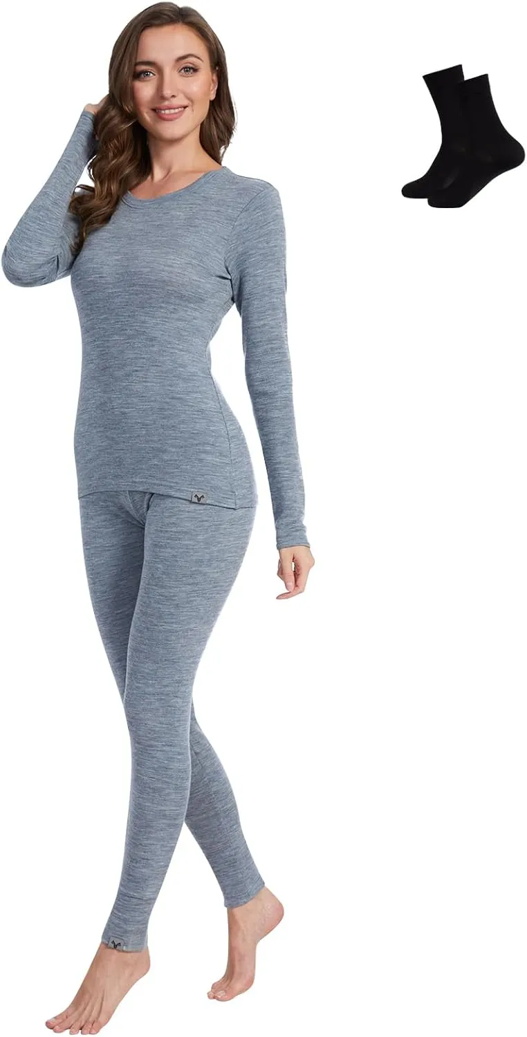 MERINNOVATION Merino Wool Base Layer Set for Women 100% Merino Wool Thermal Underwear Set