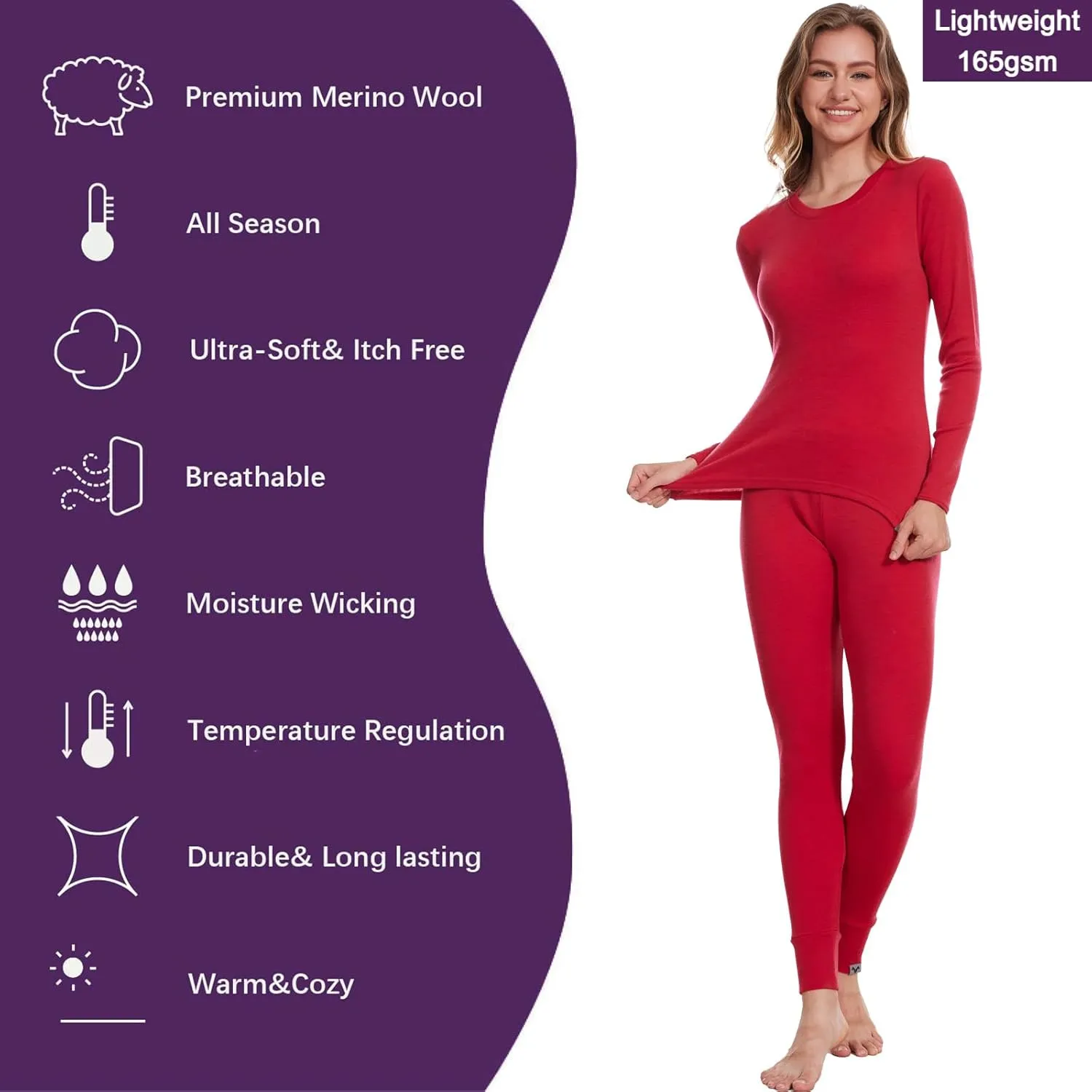 MERINNOVATION Merino Wool Base Layer Set for Women 100% Merino Wool Thermal Underwear Set