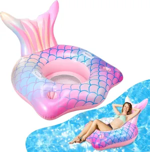 Mermaid Inflatable Pool Float Chair with 2 Cup Holders, Armrests, Pink Swimming Pool Party Lounge Raft Decorations Toys for Kids Adults, Swimming Pool Lounger Pool Floaties for Summer Beach Party
