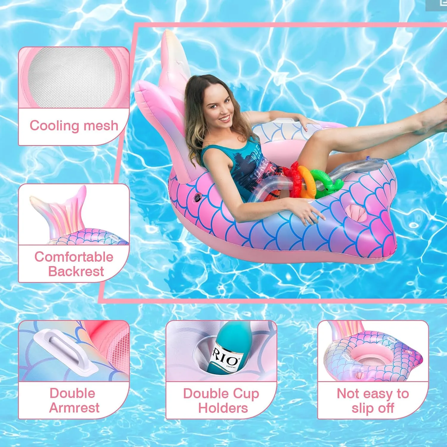 Mermaid Inflatable Pool Float Chair with 2 Cup Holders, Armrests, Pink Swimming Pool Party Lounge Raft Decorations Toys for Kids Adults, Swimming Pool Lounger Pool Floaties for Summer Beach Party
