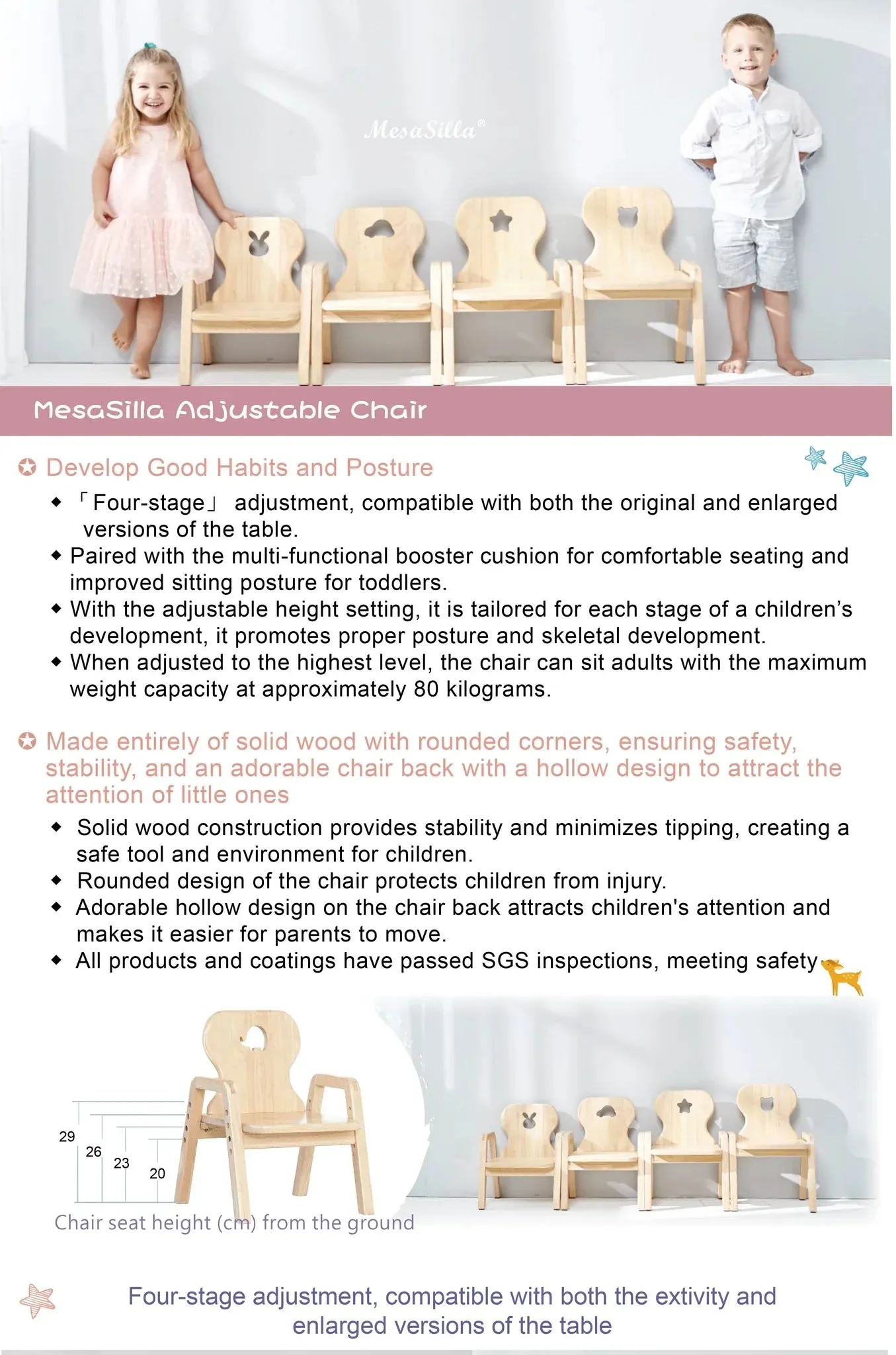Mesasilla Adjustable Wooden Kids Chair - Ergonomic, Height-Adjustable, Solid Wood | 4 Height Options