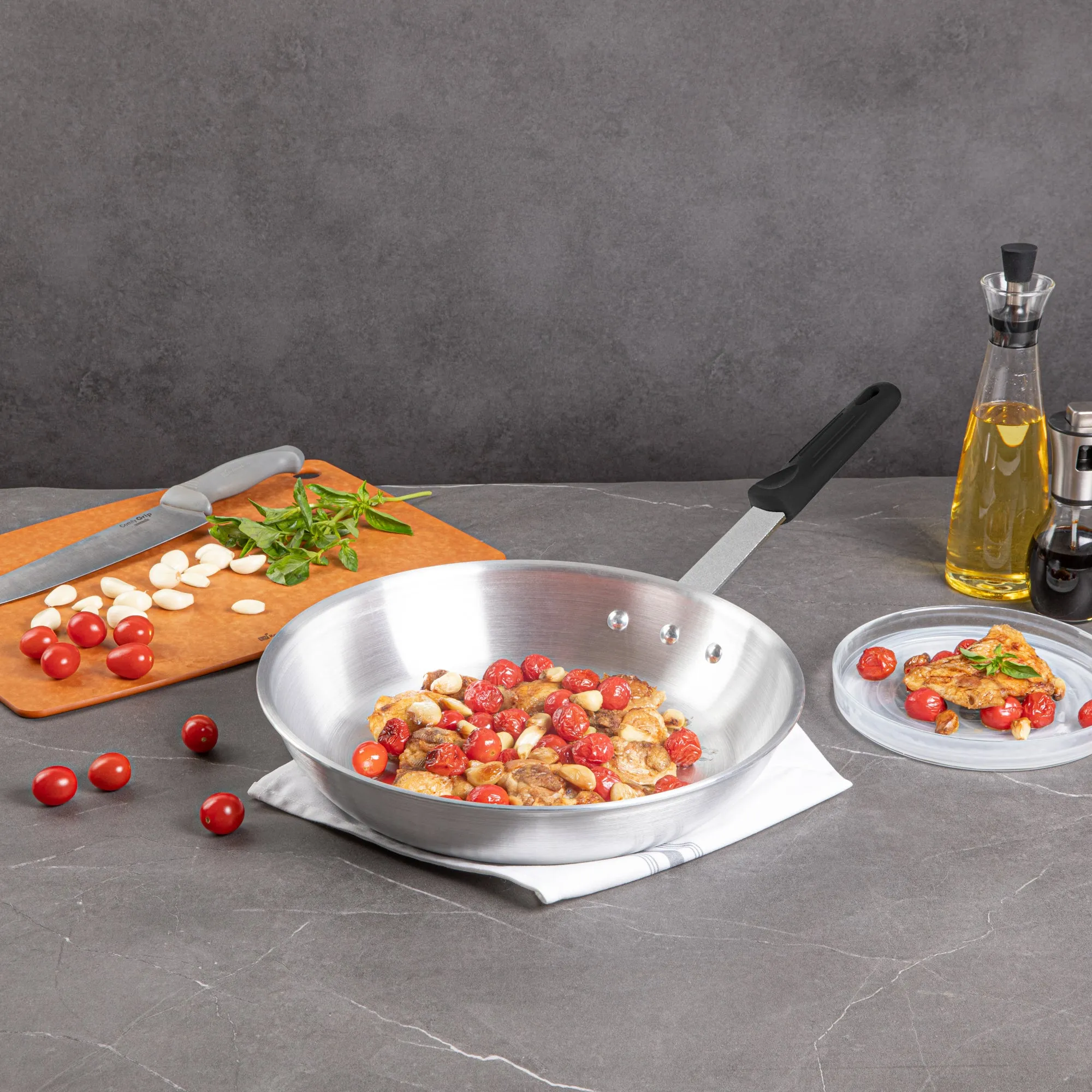 Met Lux 1 Aluminum 14" Fry Pan and 1 Black Silicone Pan Handle Sleeve