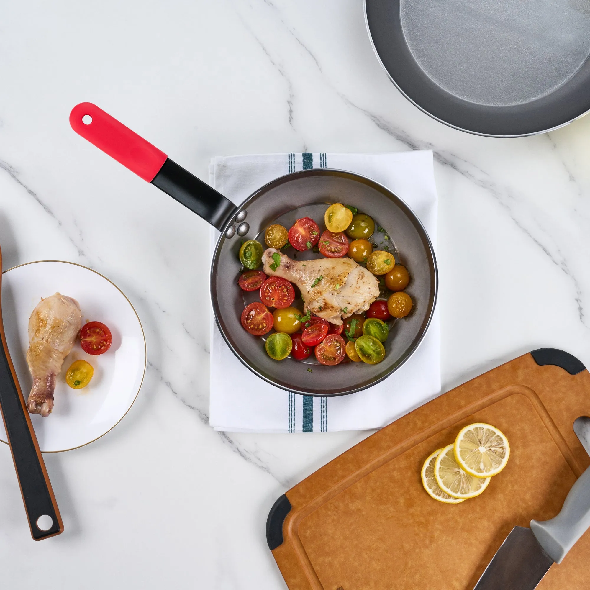 Met Lux 1 Carbon Steel 9" Non-Stick Fry Pan and 1 Red Silicone Pan Handle Sleeve
