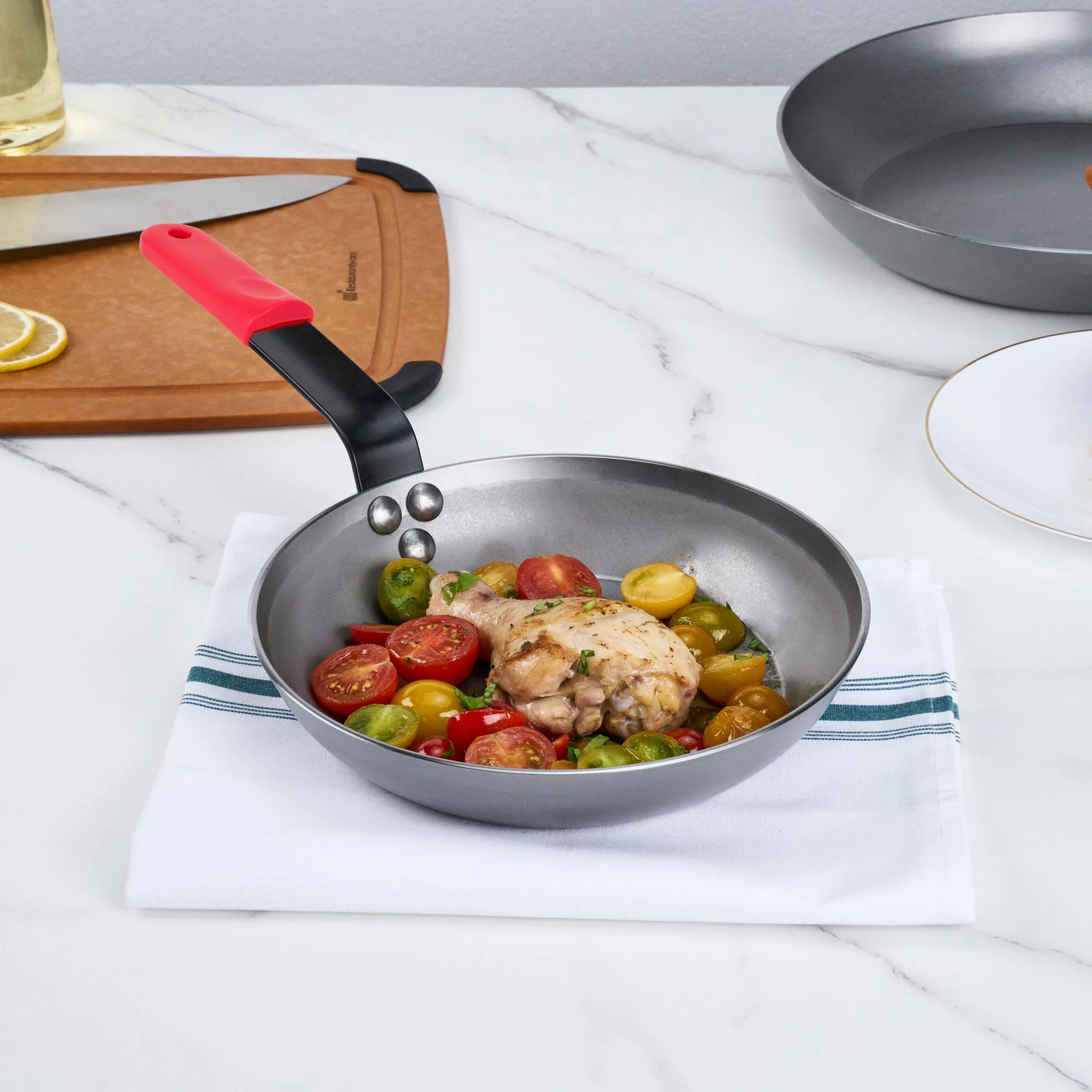 Met Lux 1 Carbon Steel 9" Non-Stick Fry Pan and 1 Red Silicone Pan Handle Sleeve