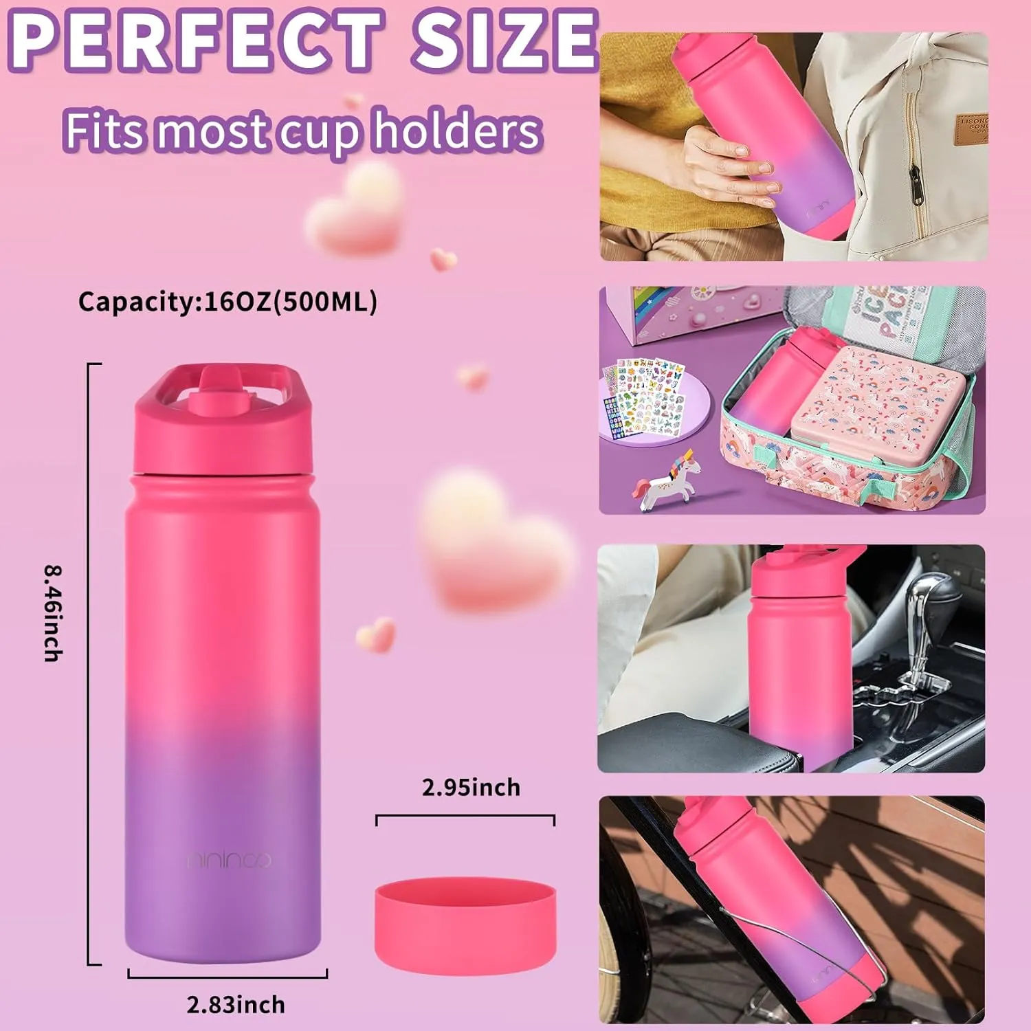 Mininoo Insulated Kids Water Bottle, 16oz Stainless Steel Water Bottle Kids with Paracord Handle for Girls, Boys (2 Pack)