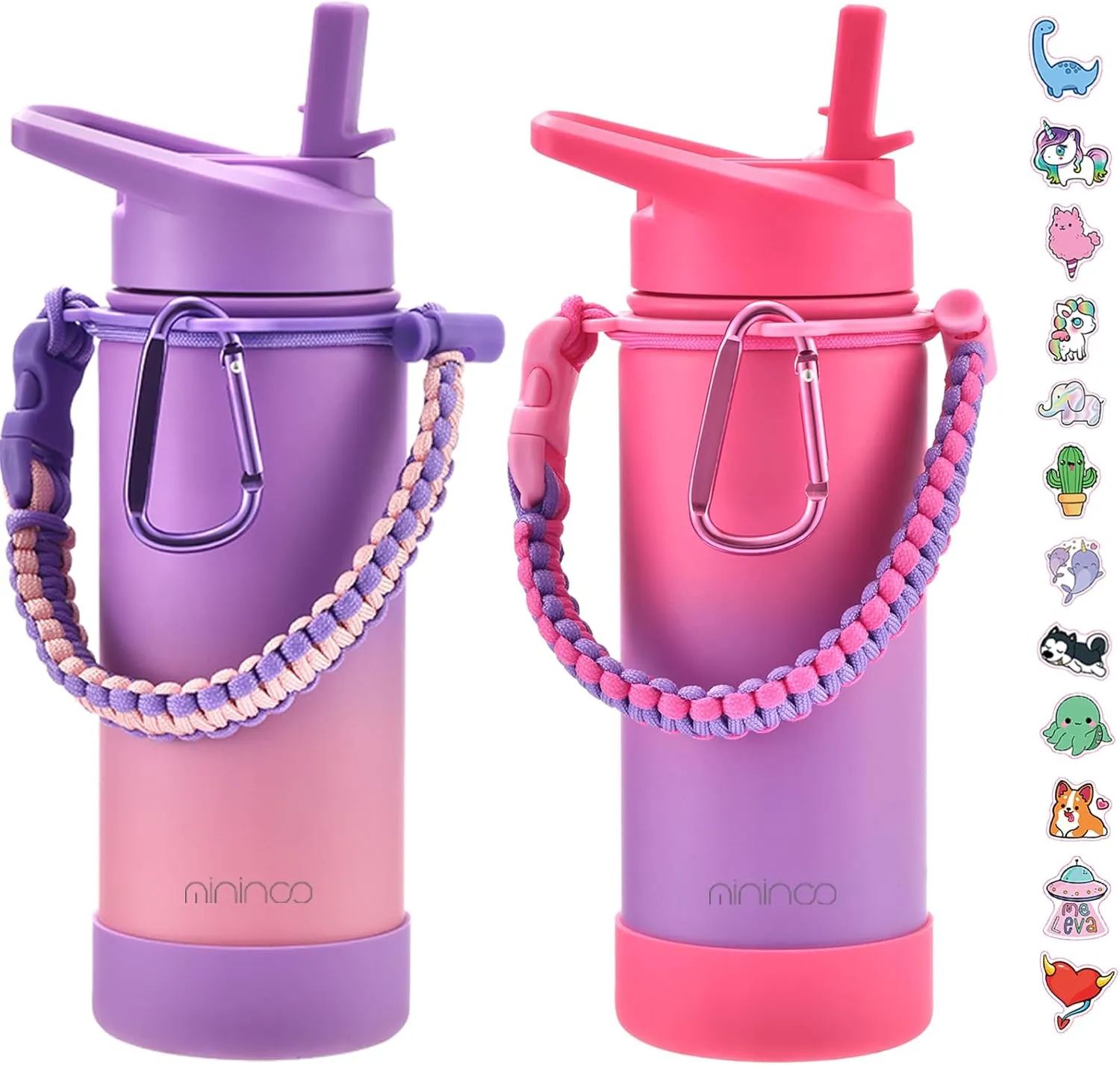 Mininoo Insulated Kids Water Bottle, 16oz Stainless Steel Water Bottle Kids with Paracord Handle for Girls, Boys (2 Pack)