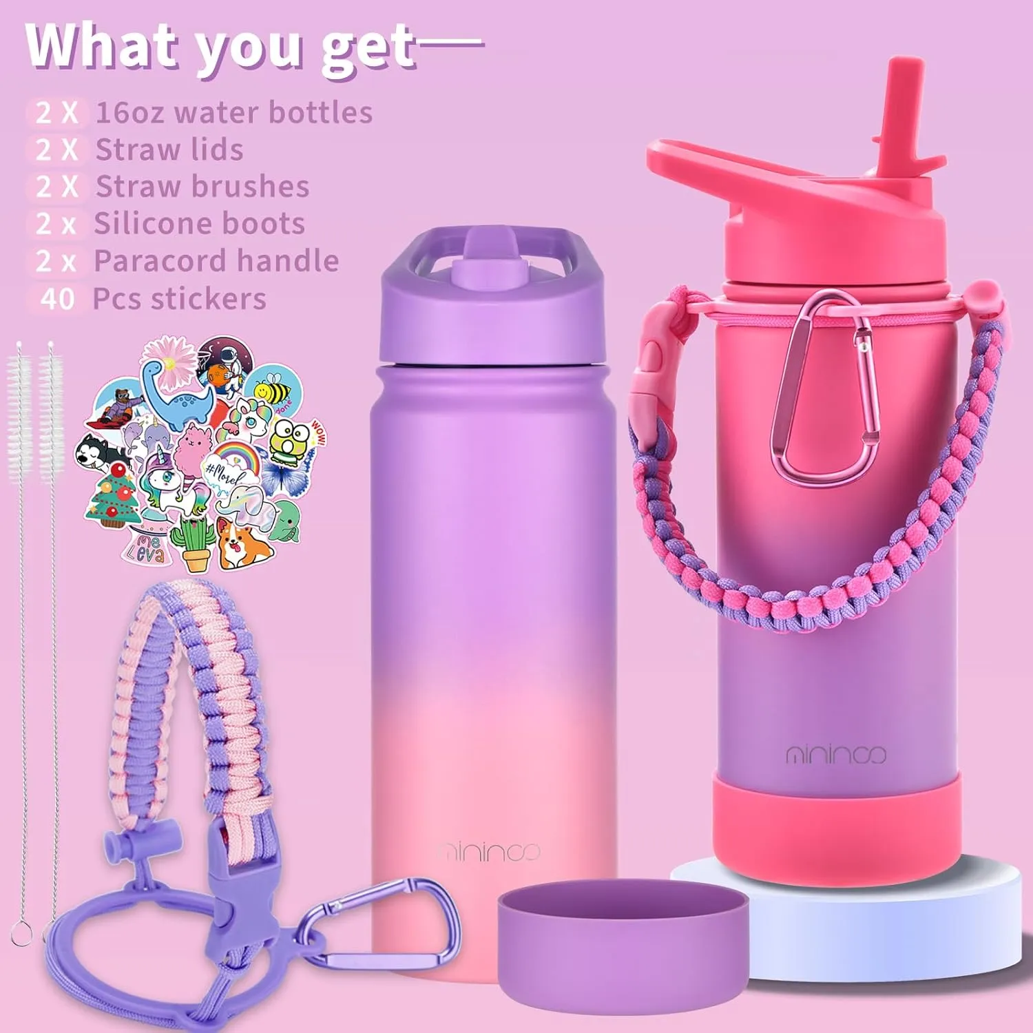 Mininoo Insulated Kids Water Bottle, 16oz Stainless Steel Water Bottle Kids with Paracord Handle for Girls, Boys (2 Pack)