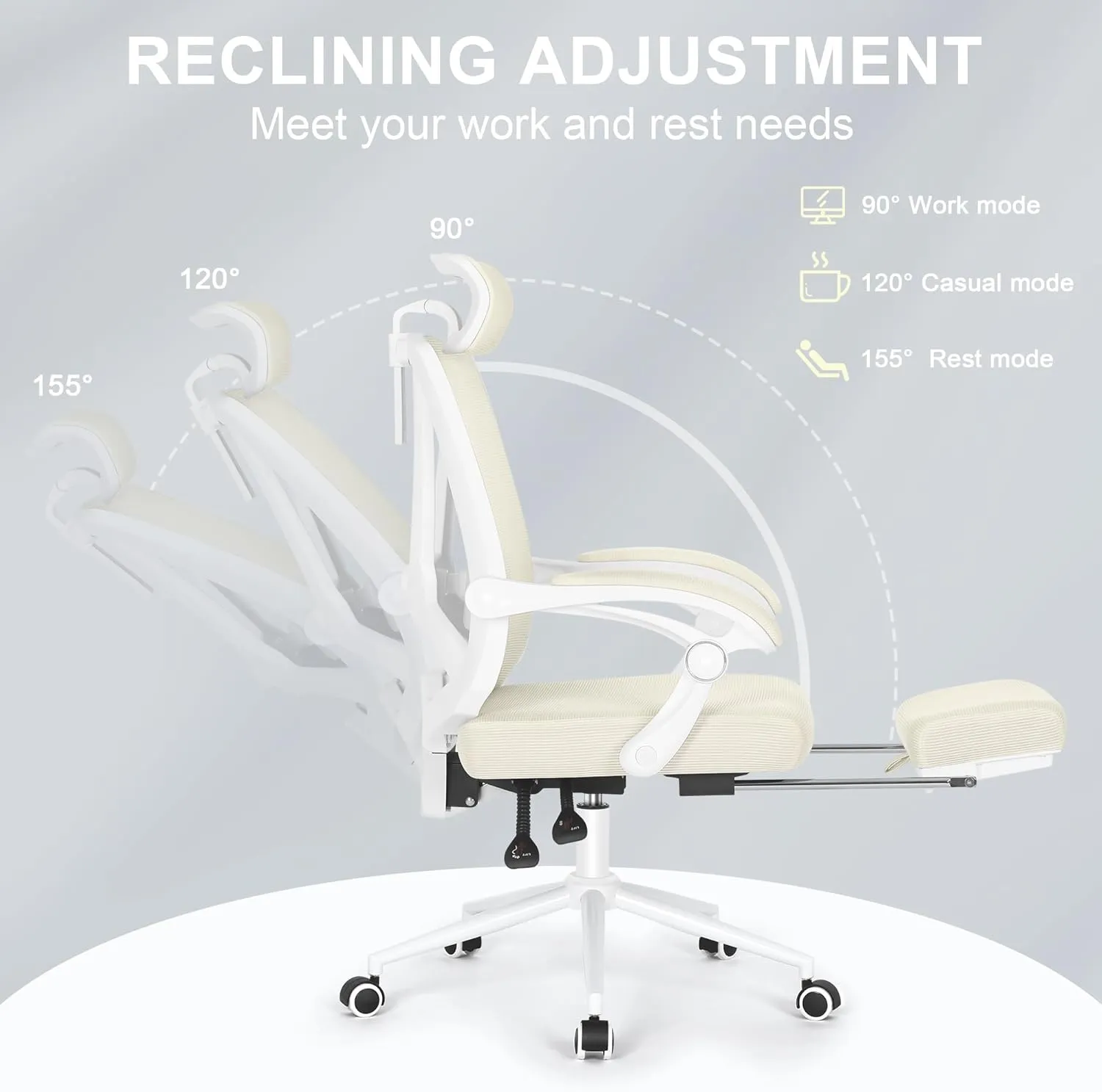 Misolant Ergonomic Office Chair with Footrest, Ergonomic Desk Chair with Adjustable 2D Lumbar Support, High Back Computer Chairs with Adjustable Headrest, Beige Comfortable Executive Office Chair