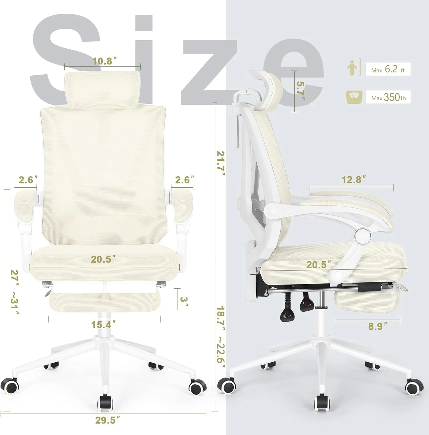 Misolant Ergonomic Office Chair with Footrest, Ergonomic Desk Chair with Adjustable 2D Lumbar Support, High Back Computer Chairs with Adjustable Headrest, Beige Comfortable Executive Office Chair