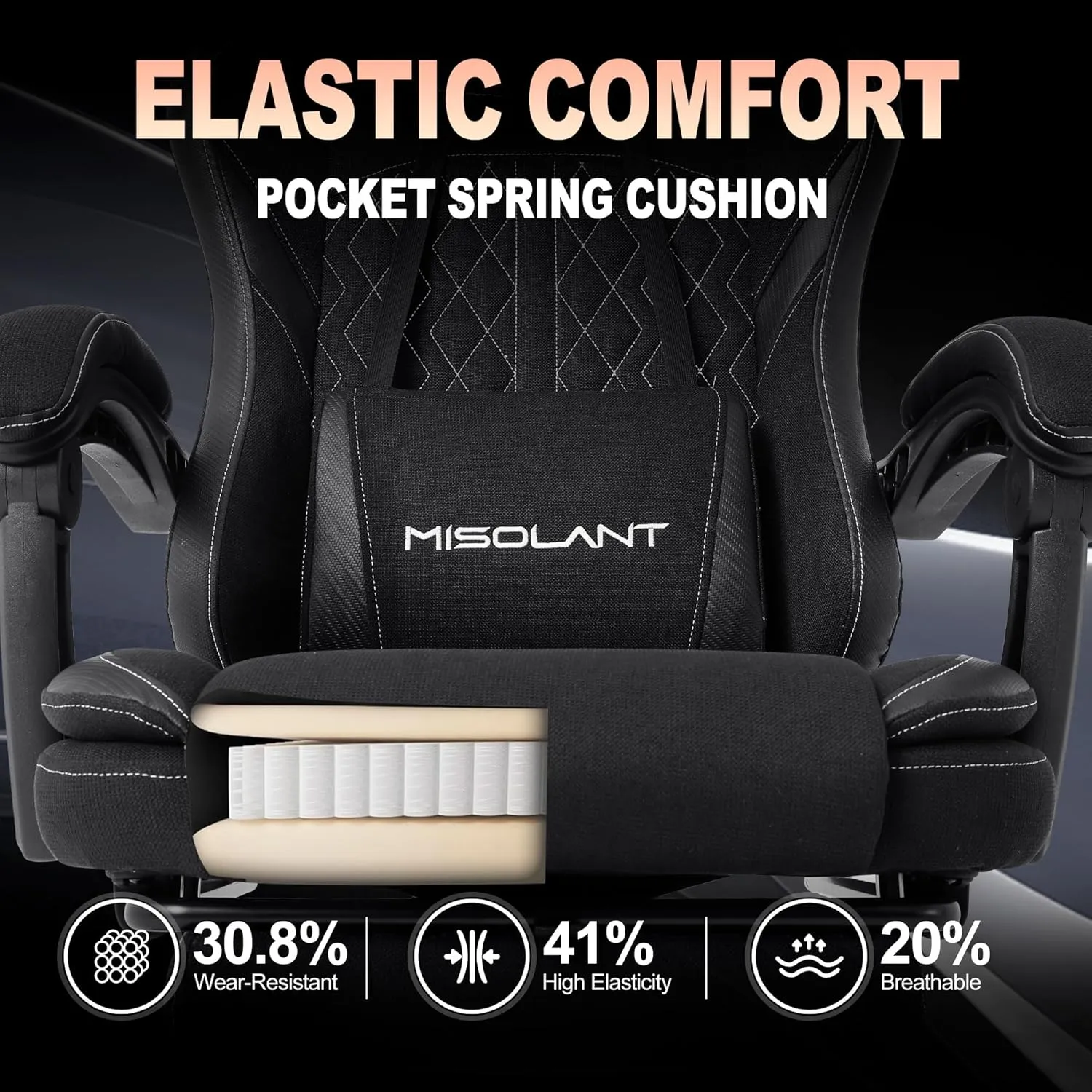 Misolant Gaming Chair, Fabric Gamer Chair with footrest for Adults, High Back Ergonomic Computer Game Chair with Adjustable Headrest and Massage Lumbar Support, 90-155° Recline Free，Black