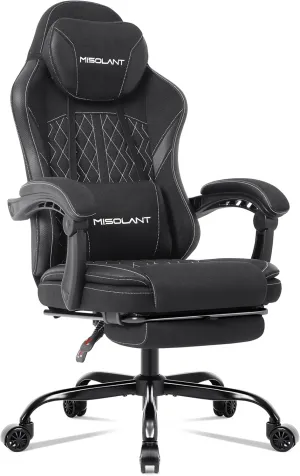 Misolant Gaming Chair, Fabric Gamer Chair with footrest for Adults, High Back Ergonomic Computer Game Chair with Adjustable Headrest and Massage Lumbar Support, 90-155° Recline Free，Black