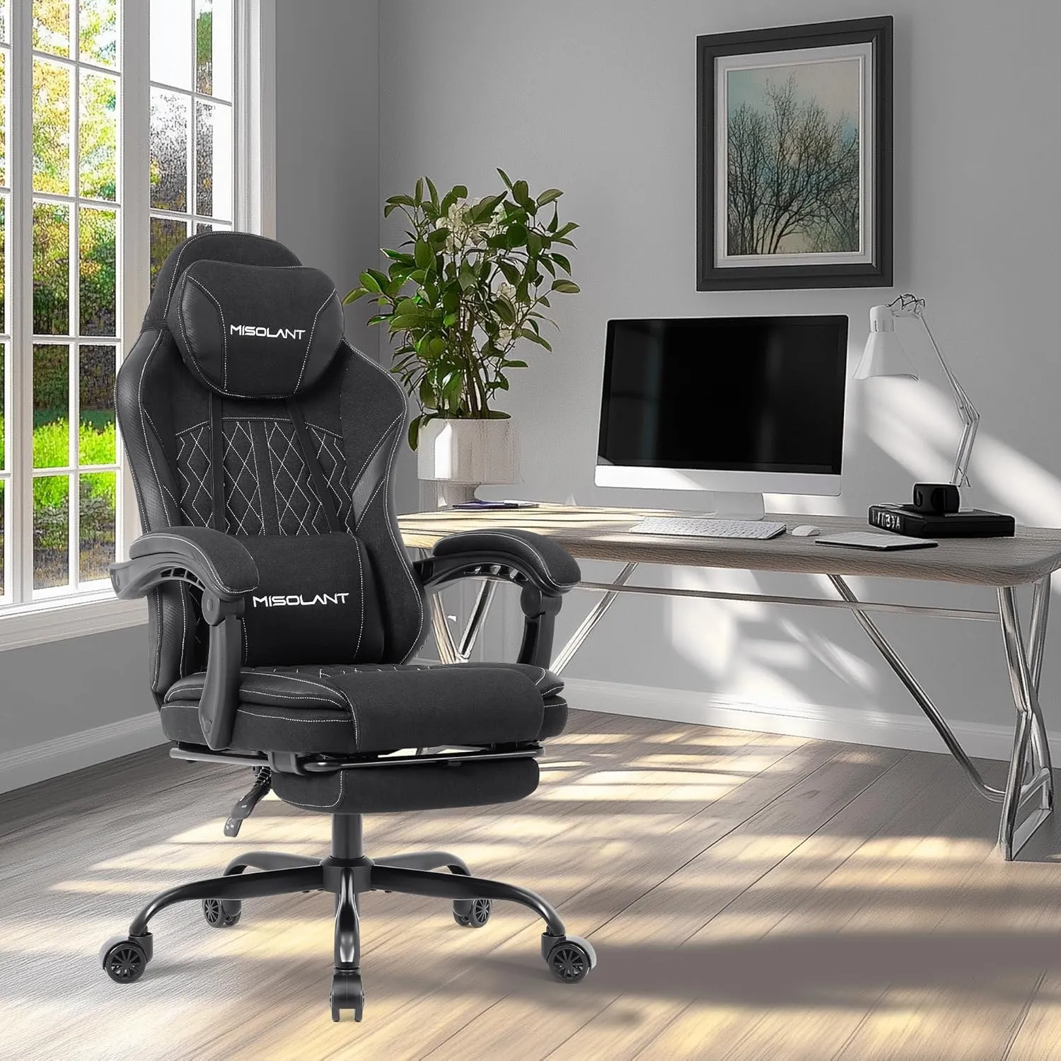 Misolant Gaming Chair, Fabric Gamer Chair with footrest for Adults, High Back Ergonomic Computer Game Chair with Adjustable Headrest and Massage Lumbar Support, 90-155° Recline Free，Black