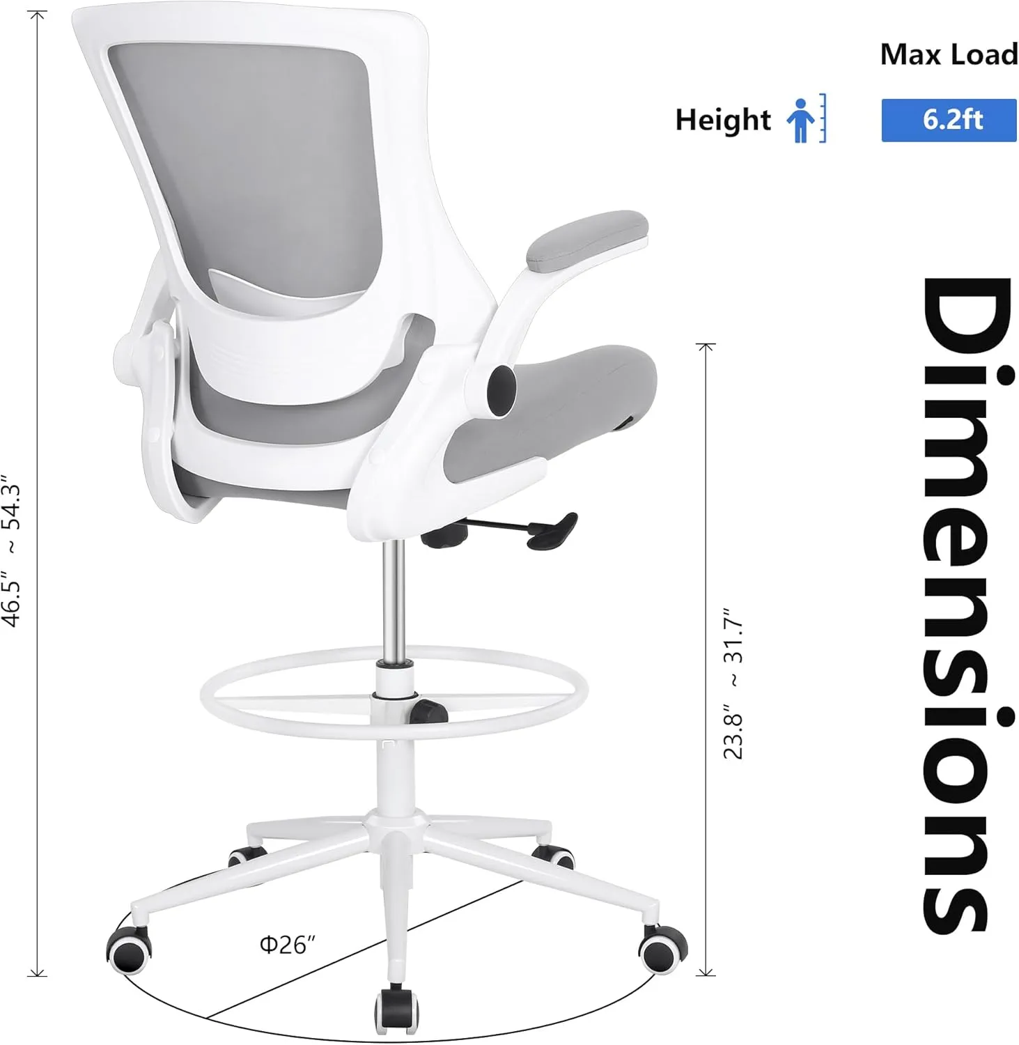 Misolant Tall Office Chair, Drafting Chair for Standing Desk, High Office Chair with Adjustable Lumbar Support, Flip-up Arm and Footrest Ring, Tall Drafting Chair for Bar Height Desk