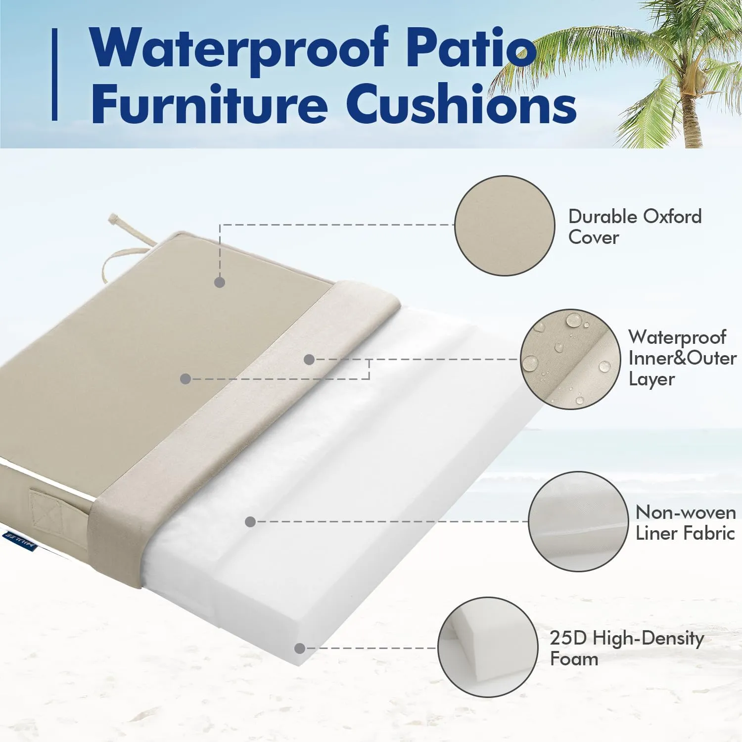 MIULEE 19 x 19 x 3 Outdoor Chair Cushions,Waterproof Seat Cushions with Adjustable Straps,Set of 2 Patio Chair Cushions for Patio Furniture Garden,Beige