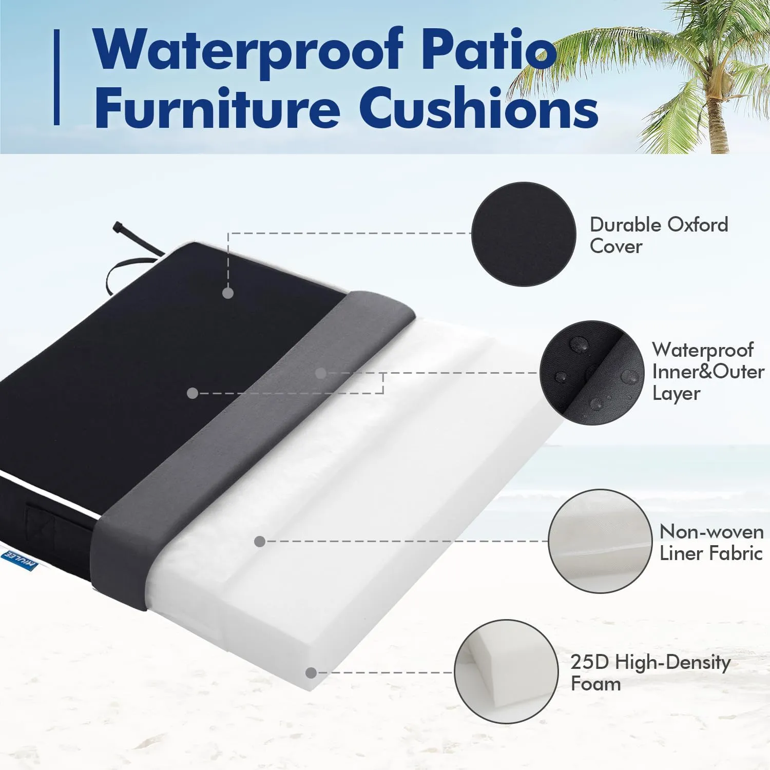MIULEE 19 x 19 x 3 Outdoor Chair Cushions,Waterproof Seat Cushions with Adjustable Straps,Set of 2 Patio Chair Cushions for Patio Furniture Garden,Black